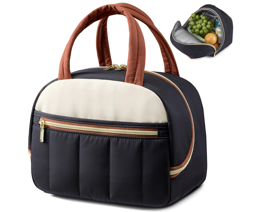 Lucklobby Insulated Lunch Bag for Adults, Large Reusable Cooler Lunch Tote with Wide-Open Top, Dual Front Pockets, 5mm EVA & PEVA Lining, Black Brown